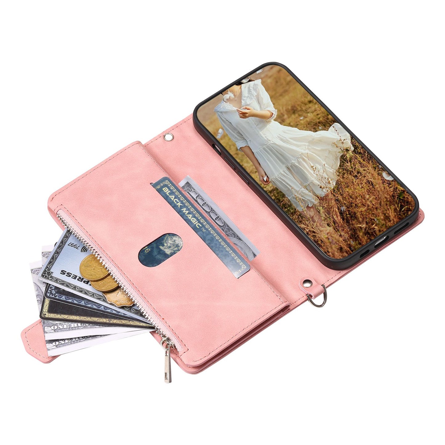 005 Style For Samsung Galaxy S22 5G, Anti-fall Rhombus Texture PU Leather Phone Case Zipper Pocket Wallet Stand Protective Phone Shell with Strap