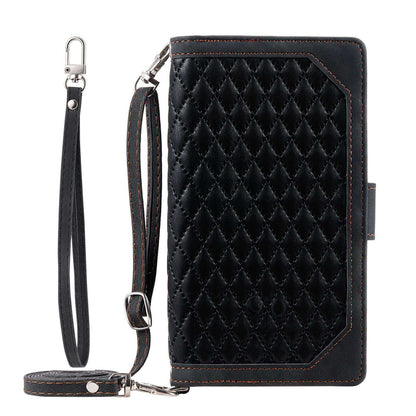 005 Style For Samsung Galaxy S22+ 5G, Anti-scratch Zipper Pocket Phone Cover Rhombus Texture PU Leather Wallet Case Stand with Strap