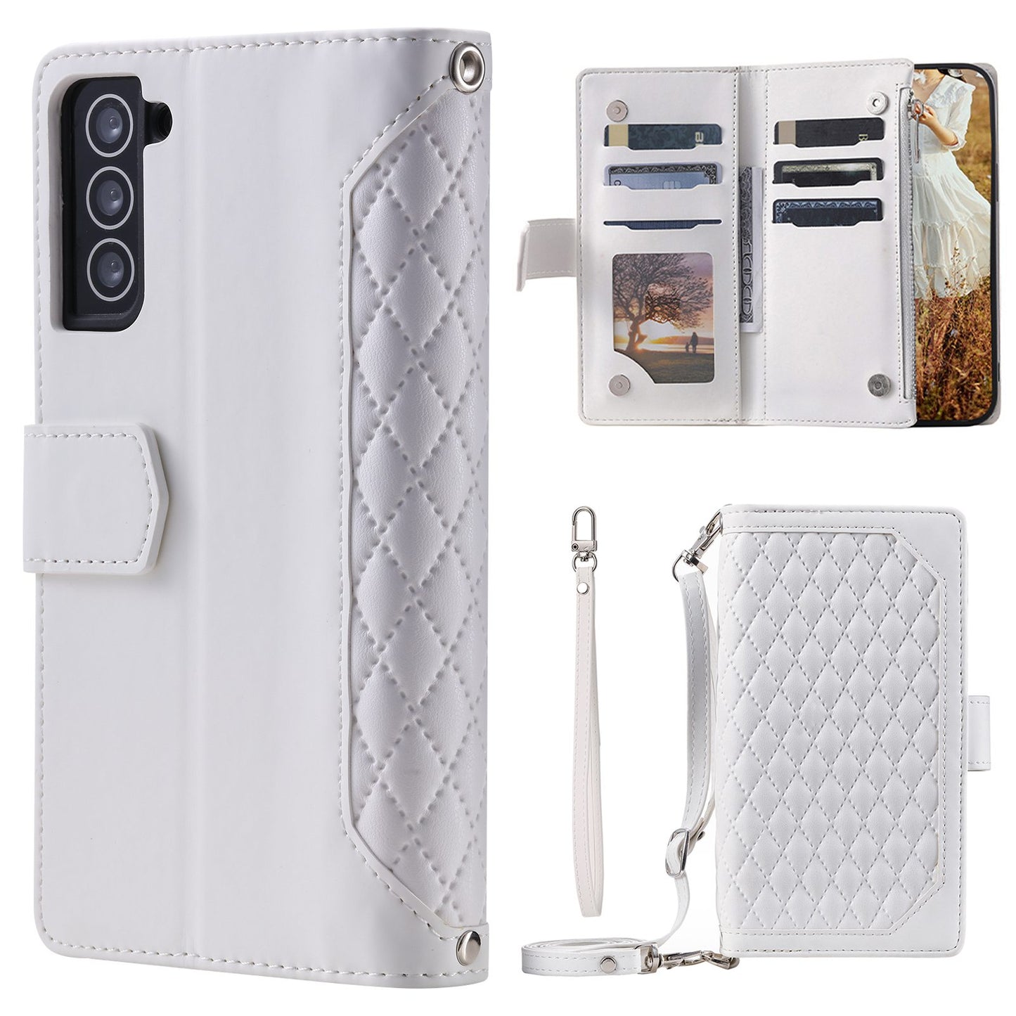005 Style For Samsung Galaxy S22+ 5G, Anti-scratch Zipper Pocket Phone Cover Rhombus Texture PU Leather Wallet Case Stand with Strap