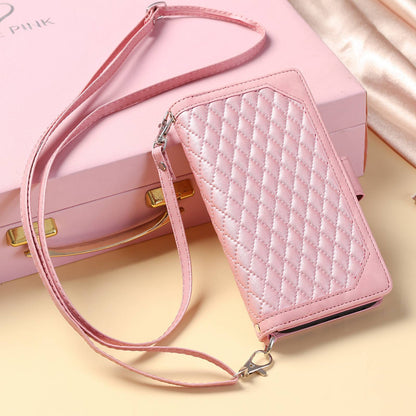 005 Style For Samsung Galaxy S21+ 5G, Drop-proof Phone Case PU Leather Rhombus Texture Zipper Pocket Wallet Cover Stand with Strap
