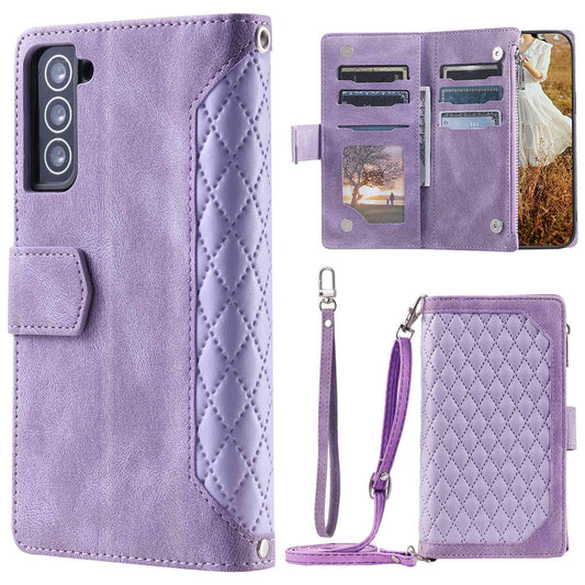 005 Style For Samsung Galaxy S21+ 5G, Drop-proof Phone Case PU Leather Rhombus Texture Zipper Pocket Wallet Cover Stand with Strap