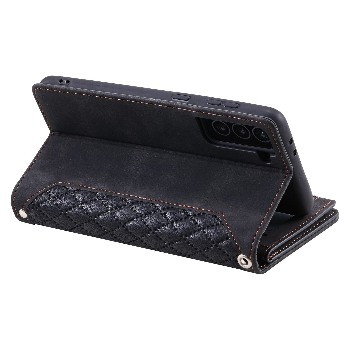 005 Style For Samsung Galaxy S21+ 5G, Drop-proof Phone Case PU Leather Rhombus Texture Zipper Pocket Wallet Cover Stand with Strap