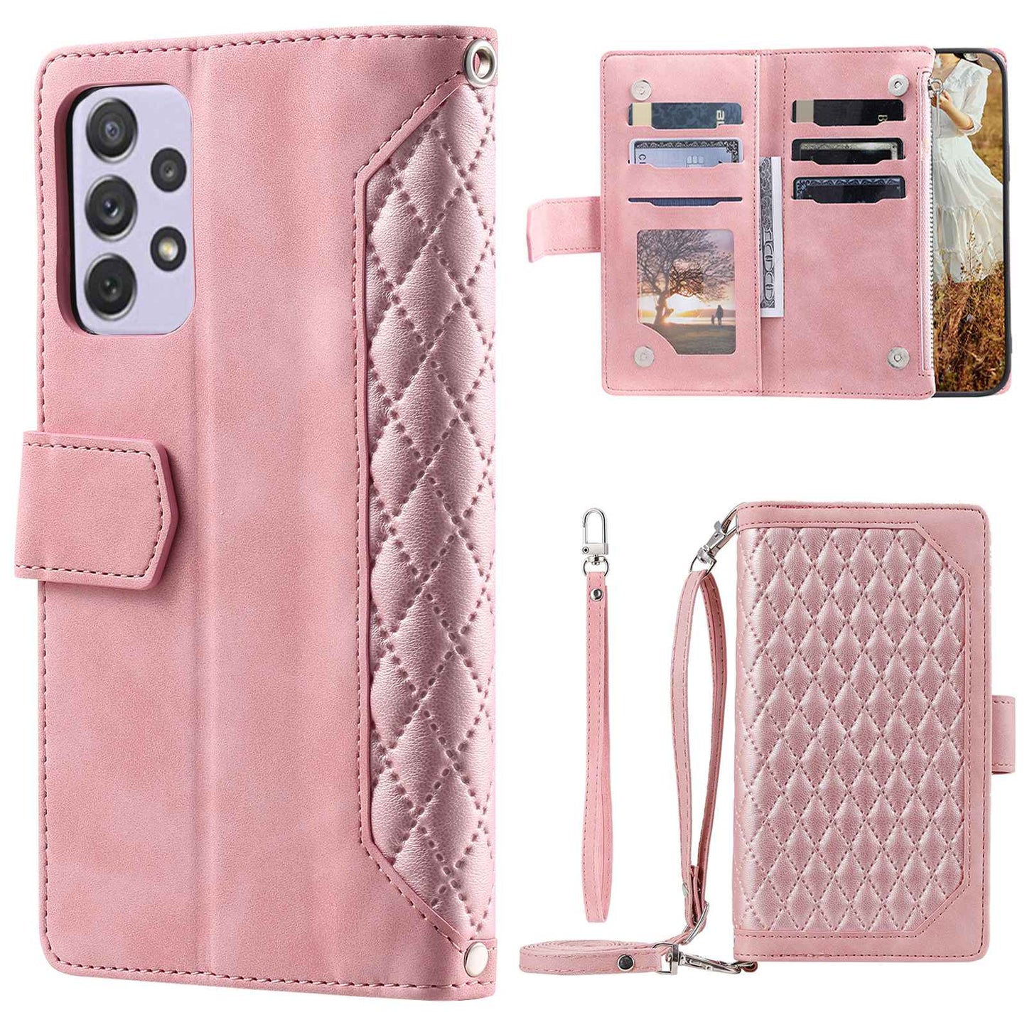005 Style For Samsung Galaxy A52 4G / 5G / A52s 5G, Rhombus Texture PU Leather Stand Phone Case Zipper Pocket Wallet Style Shell with Strap