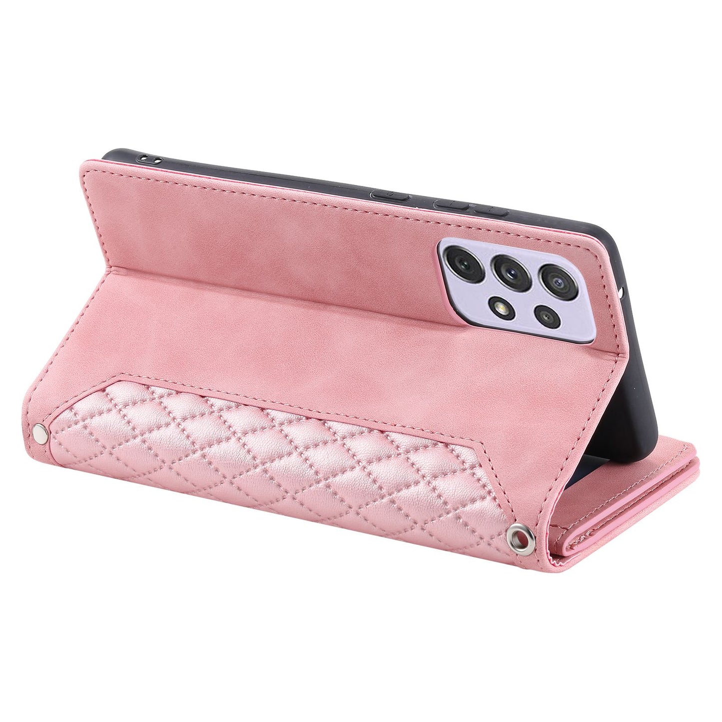 005 Style For Samsung Galaxy A52 4G / 5G / A52s 5G, Rhombus Texture PU Leather Stand Phone Case Zipper Pocket Wallet Style Shell with Strap