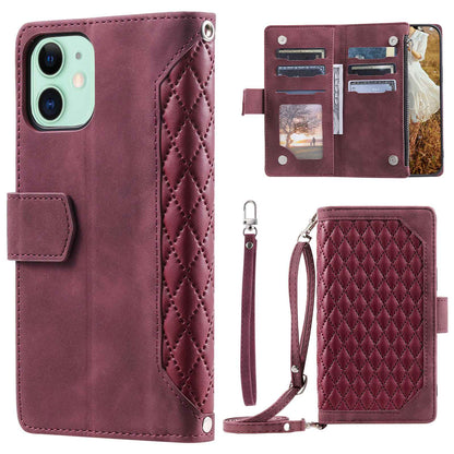 005 Style Phone Cover For iPhone 12 mini 5.4 inch, Wear-resistant Rhombus Texture PU Leather Flip Case Zipper Pocket Wallet Stand Card Holder with Strap