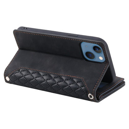 005 Style Rhombus Texture PU Leather Phone Case For iPhone 13 mini 5.4 inch, Card Holder Anti-fall Shock-absorption Zipper Pocket Wallet Cover Stand with Strap