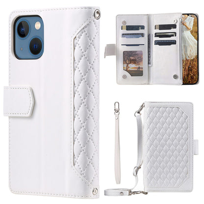 005 Style For iPhone 14 6.1 inch, Shockproof Zipper Pocket Flip Wallet Case Stand PU Leather Rhombus Texture Protective Phone Cover with Strap Card Holder