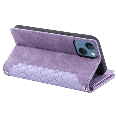 005 Style For iPhone 14 6.1 inch, Shockproof Zipper Pocket Flip Wallet Case Stand PU Leather Rhombus Texture Protective Phone Cover with Strap Card Holder