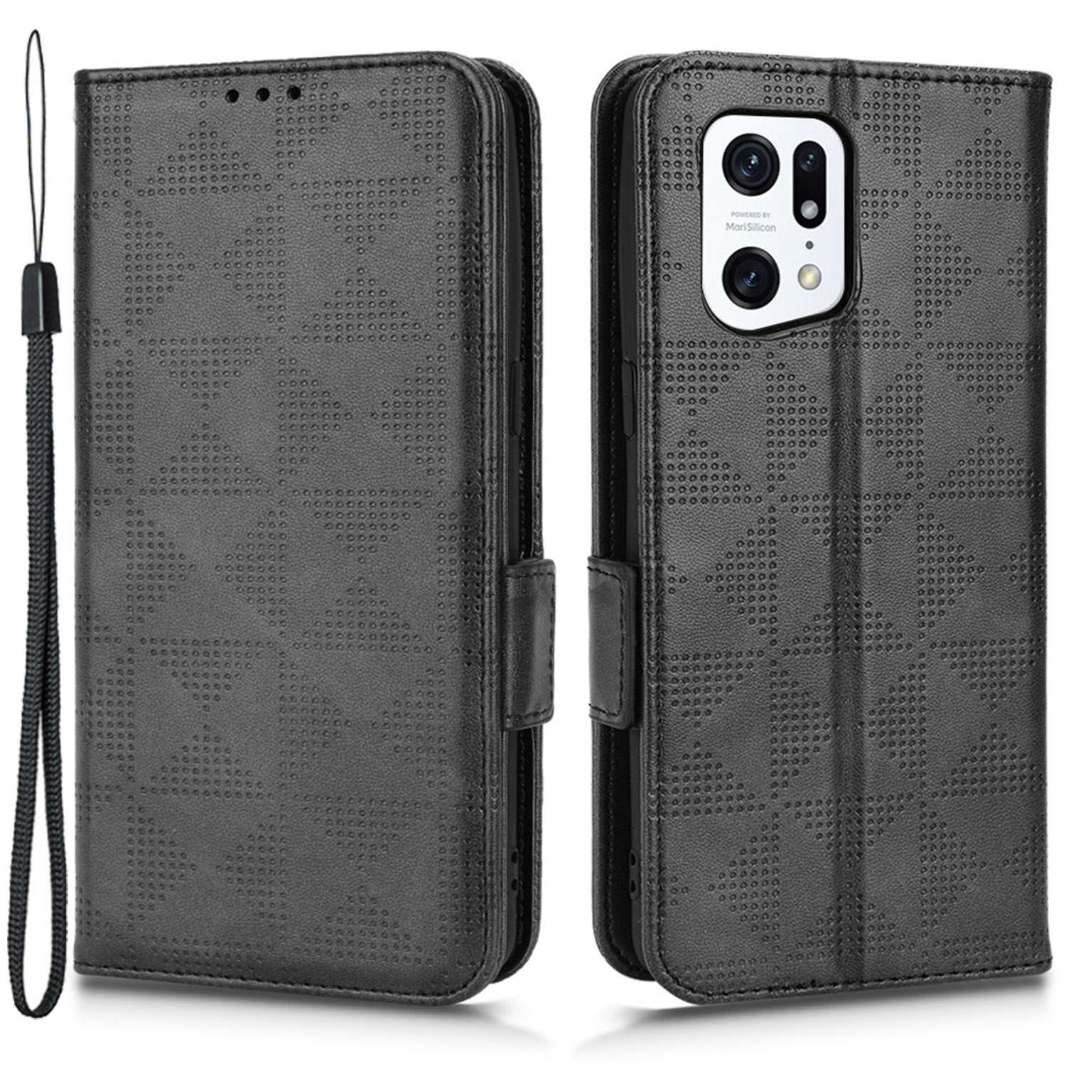 For Oppo Find X5 Pro 5G Triangle Pattern Imprinted Magnetic Phone Case Stand Wallet Style Anti-fall Leather Shell with Strap