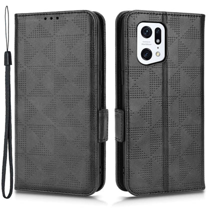 For Oppo Find X5 Pro 5G Triangle Pattern Imprinted Magnetic Phone Case Stand Wallet Style Anti-fall Leather Shell with Strap