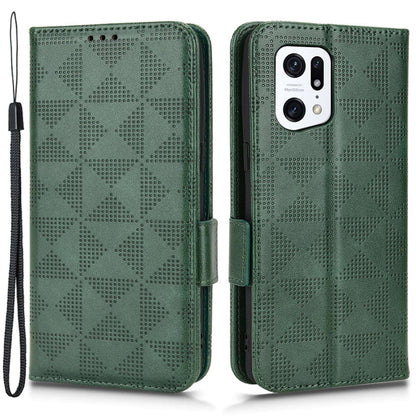 For Oppo Find X5 Pro 5G Triangle Pattern Imprinted Magnetic Phone Case Stand Wallet Style Anti-fall Leather Shell with Strap