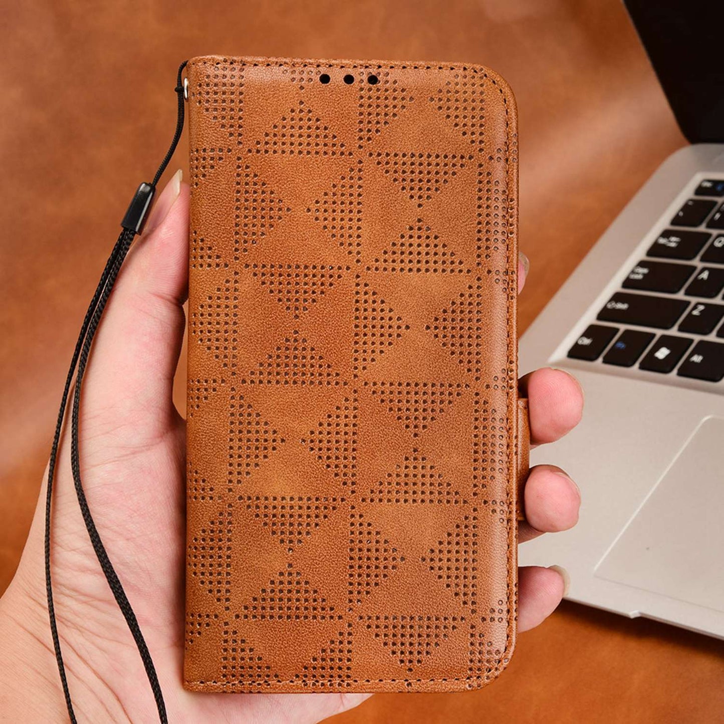 For Oppo Find X5 Pro 5G Triangle Pattern Imprinted Magnetic Phone Case Stand Wallet Style Anti-fall Leather Shell with Strap