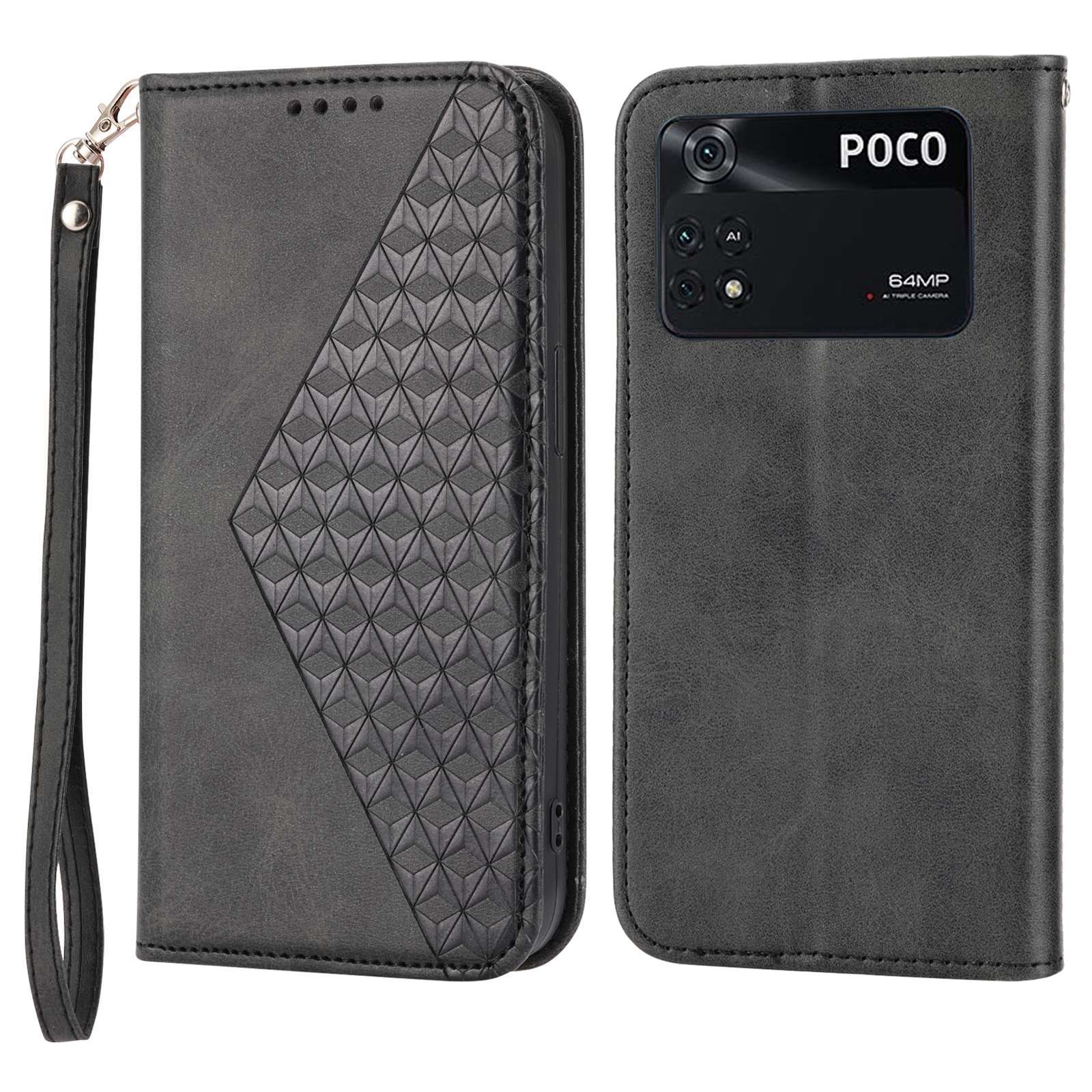 For Xiaomi Poco M4 Pro 4G Imprinted Rhombus Pattern Calf Texture PU Leather Case Anti-drop Stand Wallet Cover with Strap