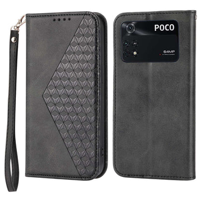 For Xiaomi Poco M4 Pro 4G Imprinted Rhombus Pattern Calf Texture PU Leather Case Anti-drop Stand Wallet Cover with Strap