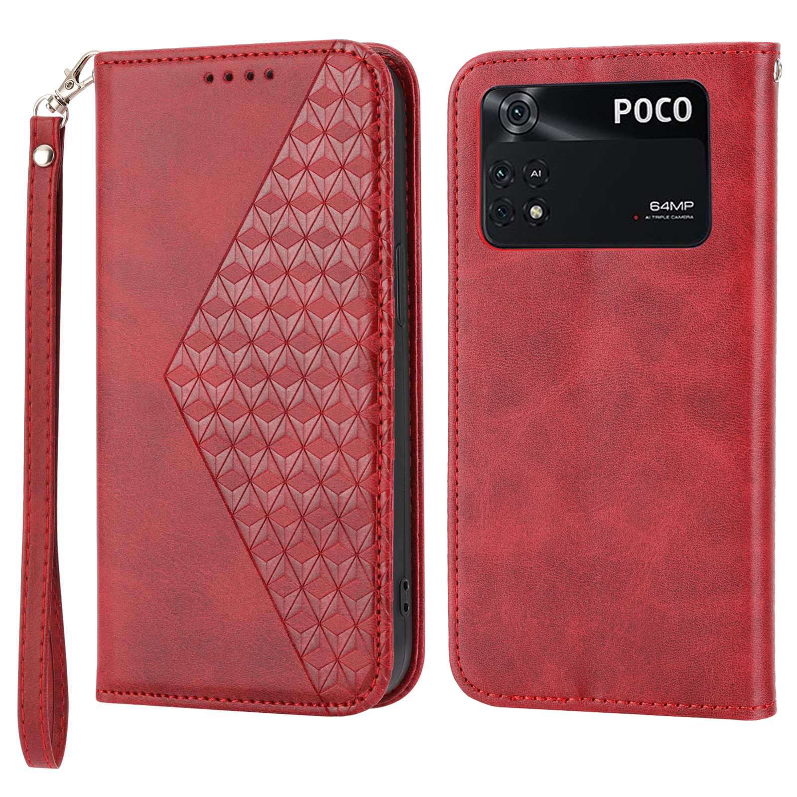 For Xiaomi Poco M4 Pro 4G Imprinted Rhombus Pattern Calf Texture PU Leather Case Anti-drop Stand Wallet Cover with Strap