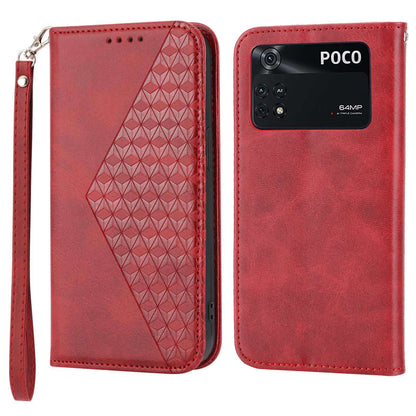 For Xiaomi Poco M4 Pro 4G Imprinted Rhombus Pattern Calf Texture PU Leather Case Anti-drop Stand Wallet Cover with Strap
