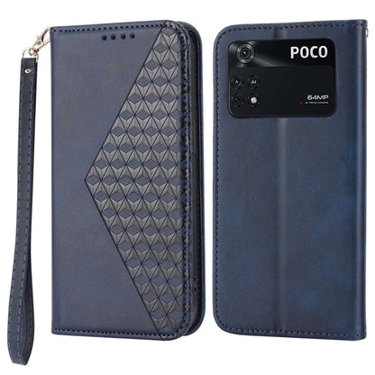 For Xiaomi Poco M4 Pro 4G Imprinted Rhombus Pattern Calf Texture PU Leather Case Anti-drop Stand Wallet Cover with Strap