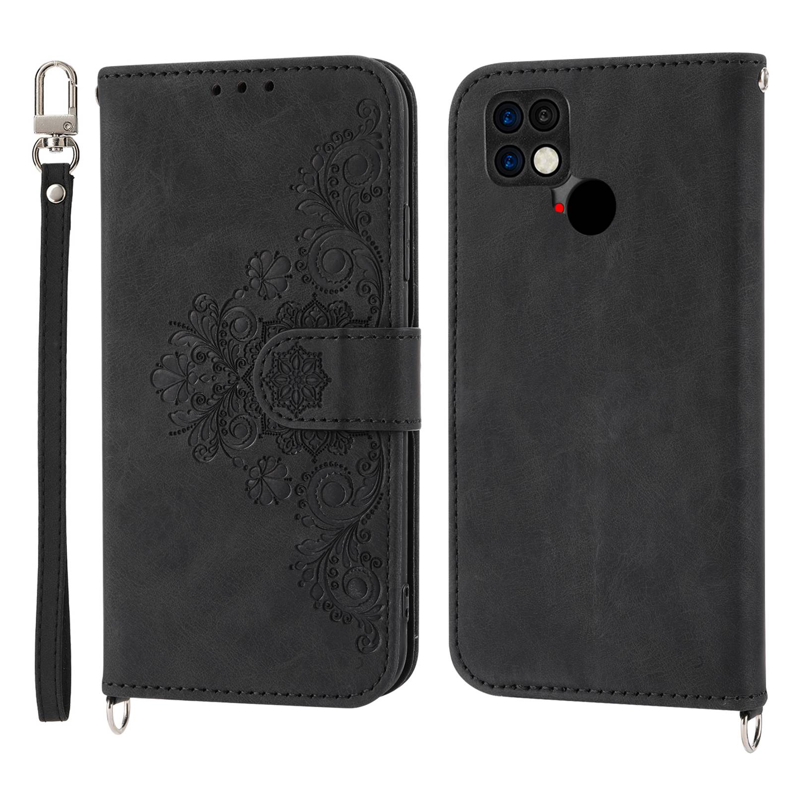 For Xiaomi Poco C40 4G Imprinted Flowers Skin-touch Stand Phone Cover Multiple Card Slots PU Leather Wallet Case with Wrist Strap and Shoulder Strap