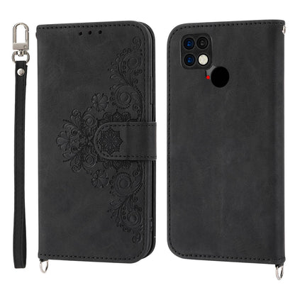 For Xiaomi Poco C40 4G Imprinted Flowers Skin-touch Stand Phone Cover Multiple Card Slots PU Leather Wallet Case with Wrist Strap and Shoulder Strap