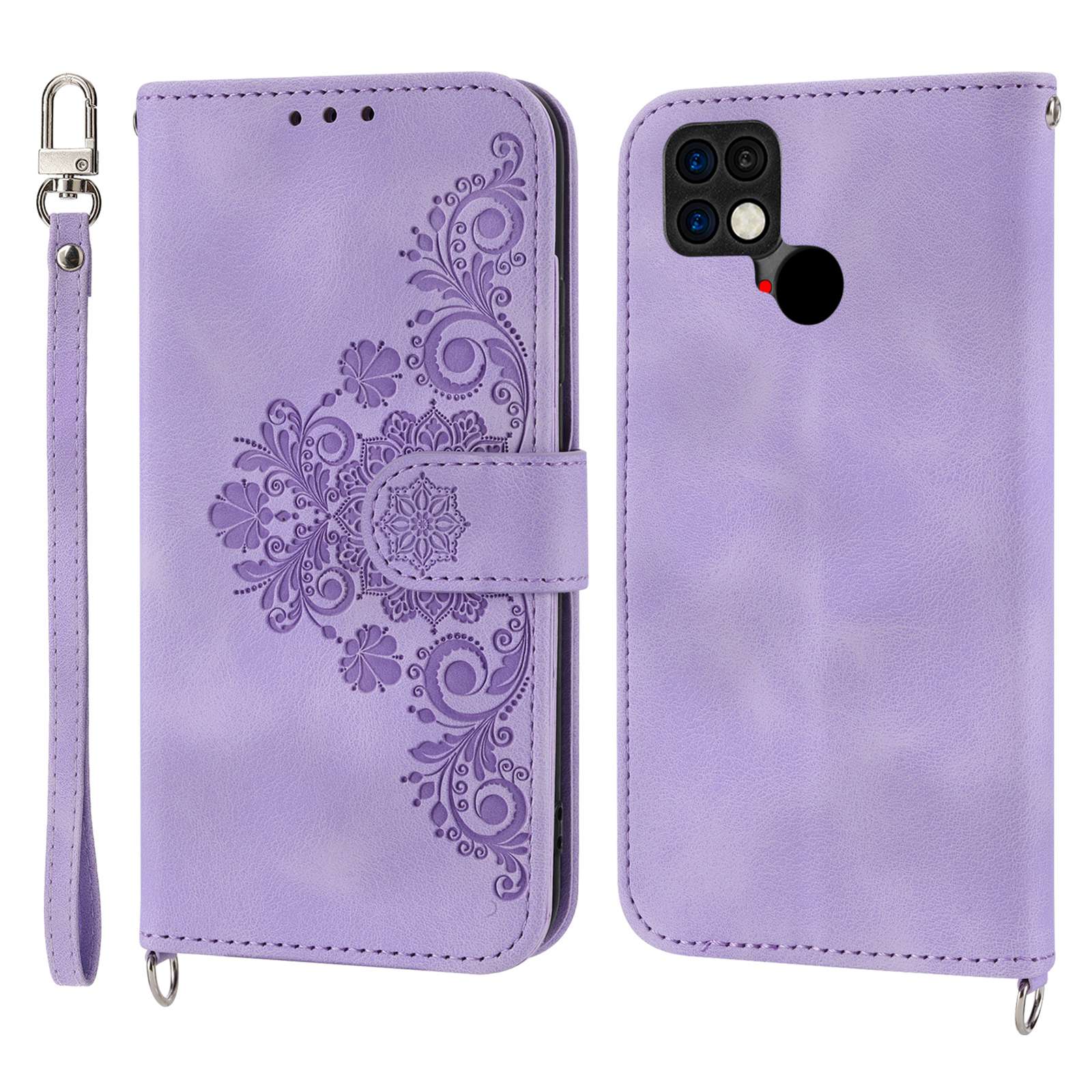 For Xiaomi Poco C40 4G Imprinted Flowers Skin-touch Stand Phone Cover Multiple Card Slots PU Leather Wallet Case with Wrist Strap and Shoulder Strap