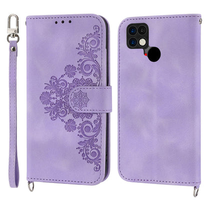 For Xiaomi Poco C40 4G Imprinted Flowers Skin-touch Stand Phone Cover Multiple Card Slots PU Leather Wallet Case with Wrist Strap and Shoulder Strap