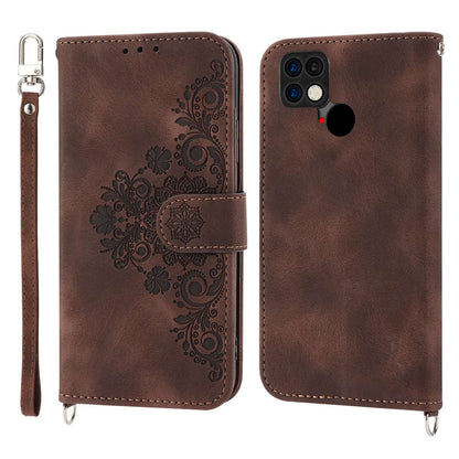 For Xiaomi Poco C40 4G Imprinted Flowers Skin-touch Stand Phone Cover Multiple Card Slots PU Leather Wallet Case with Wrist Strap and Shoulder Strap