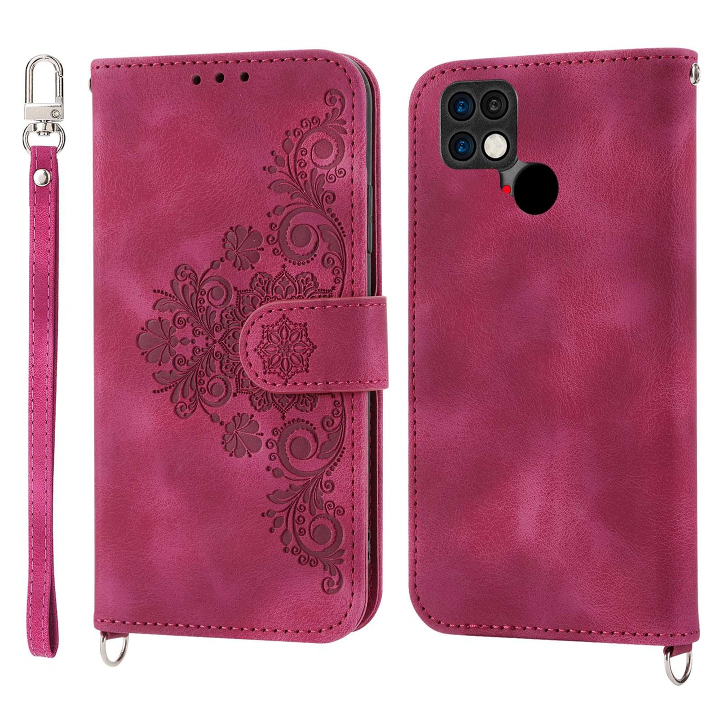 For Xiaomi Poco C40 4G Imprinted Flowers Skin-touch Stand Phone Cover Multiple Card Slots PU Leather Wallet Case with Wrist Strap and Shoulder Strap