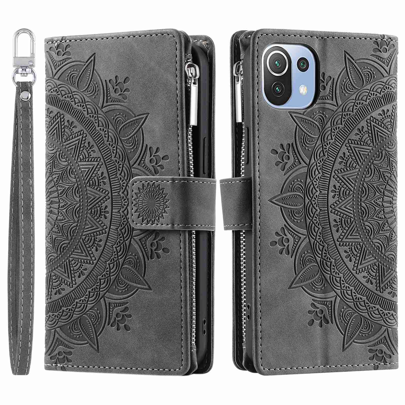 For Xiaomi 11 Lite 5G NE / Mi 11 Lite 5G / 4G Zipper Pocket Phone Case Mandala Flower Imprinted PU Leather Stand Cover Multiple Card Slots Wallet