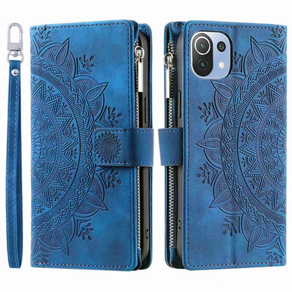 For Xiaomi 11 Lite 5G NE / Mi 11 Lite 5G / 4G Zipper Pocket Phone Case Mandala Flower Imprinted PU Leather Stand Cover Multiple Card Slots Wallet