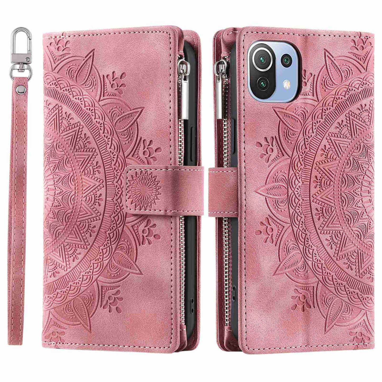 For Xiaomi 11 Lite 5G NE / Mi 11 Lite 5G / 4G Zipper Pocket Phone Case Mandala Flower Imprinted PU Leather Stand Cover Multiple Card Slots Wallet