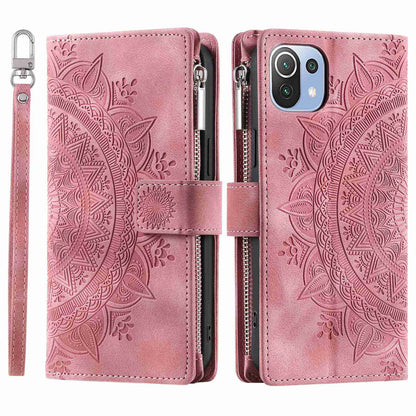 For Xiaomi 11 Lite 5G NE / Mi 11 Lite 5G / 4G Zipper Pocket Phone Case Mandala Flower Imprinted PU Leather Stand Cover Multiple Card Slots Wallet