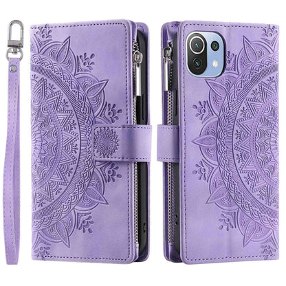 For Xiaomi 11 Lite 5G NE / Mi 11 Lite 5G / 4G Zipper Pocket Phone Case Mandala Flower Imprinted PU Leather Stand Cover Multiple Card Slots Wallet