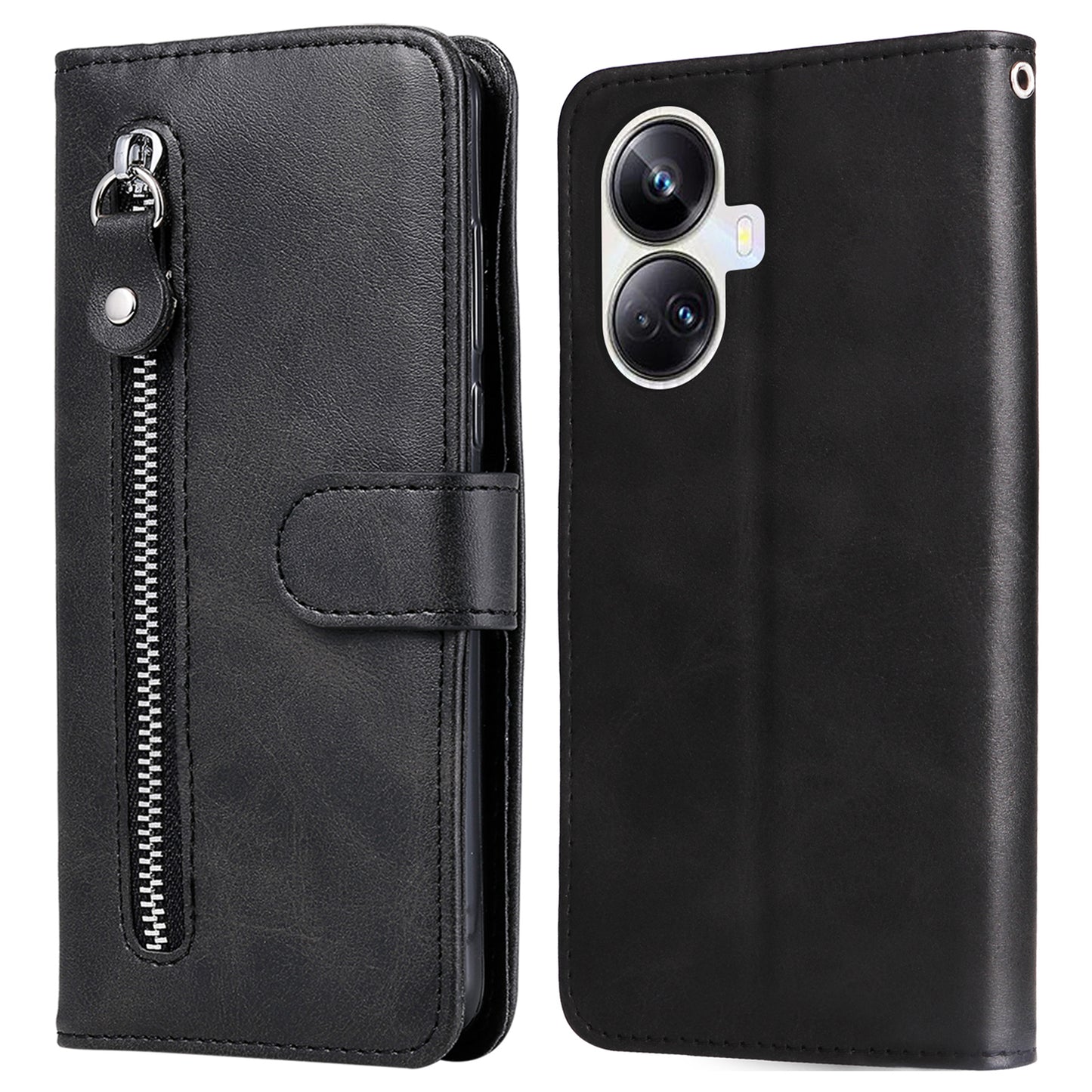 Full Protection Calf Texture Phone Case for Realme 10 Pro+ 5G, PU Leather Zipper Pocket Flip Wallet Cover with Viewing Stand