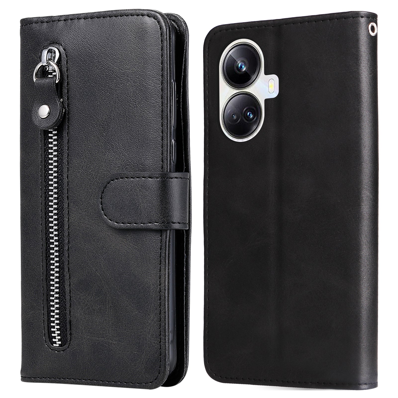 Full Protection Calf Texture Phone Case for Realme 10 Pro+ 5G, PU Leather Zipper Pocket Flip Wallet Cover with Viewing Stand