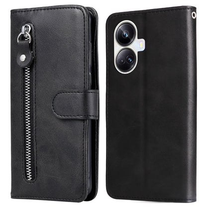 Full Protection Calf Texture Phone Case for Realme 10 Pro+ 5G, PU Leather Zipper Pocket Flip Wallet Cover with Viewing Stand