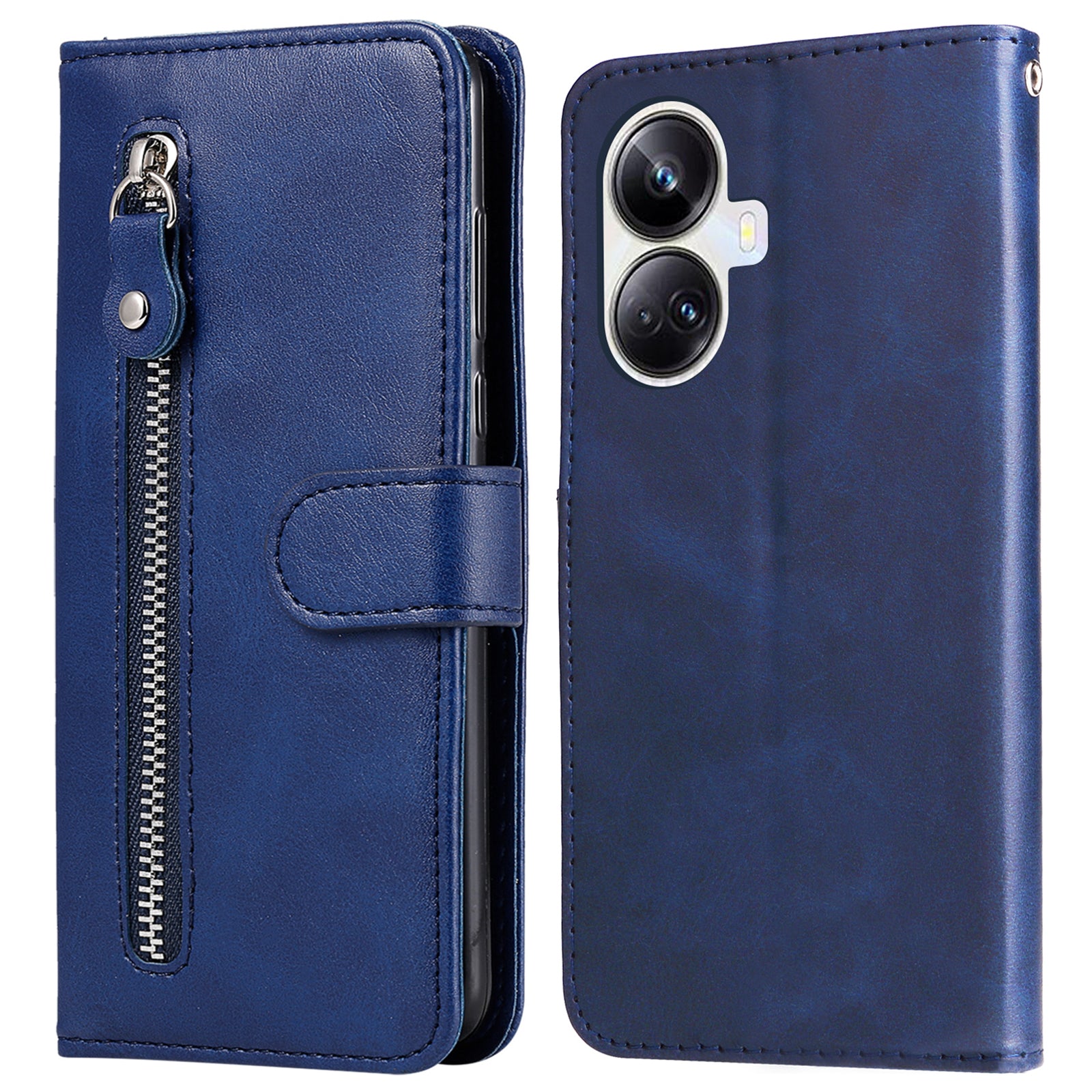 Full Protection Calf Texture Phone Case for Realme 10 Pro+ 5G, PU Leather Zipper Pocket Flip Wallet Cover with Viewing Stand