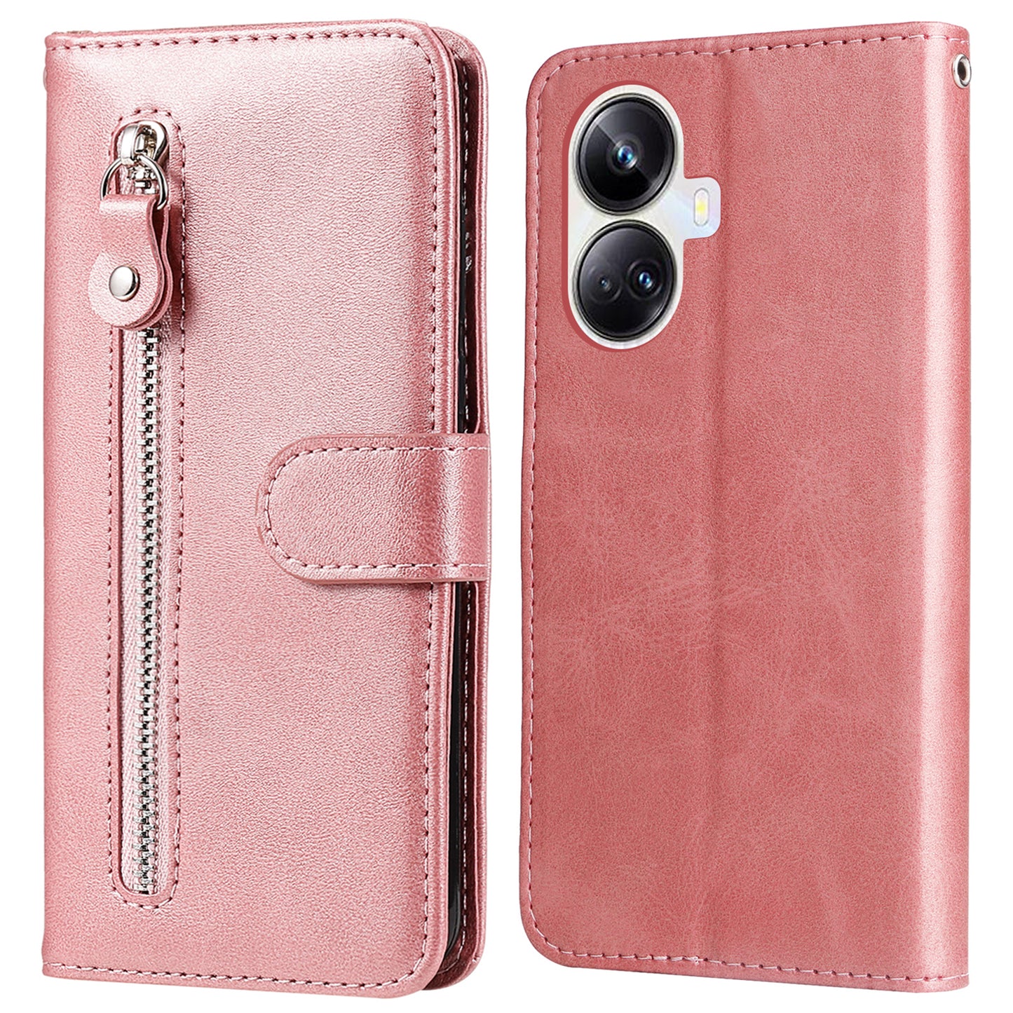 Full Protection Calf Texture Phone Case for Realme 10 Pro+ 5G, PU Leather Zipper Pocket Flip Wallet Cover with Viewing Stand
