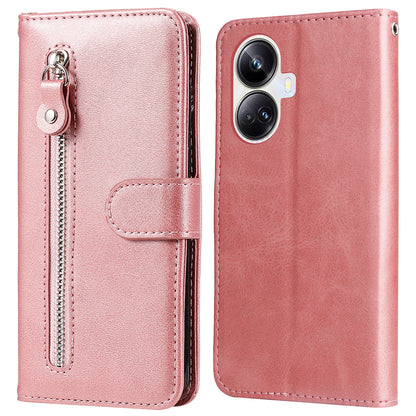 Full Protection Calf Texture Phone Case for Realme 10 Pro+ 5G, PU Leather Zipper Pocket Flip Wallet Cover with Viewing Stand