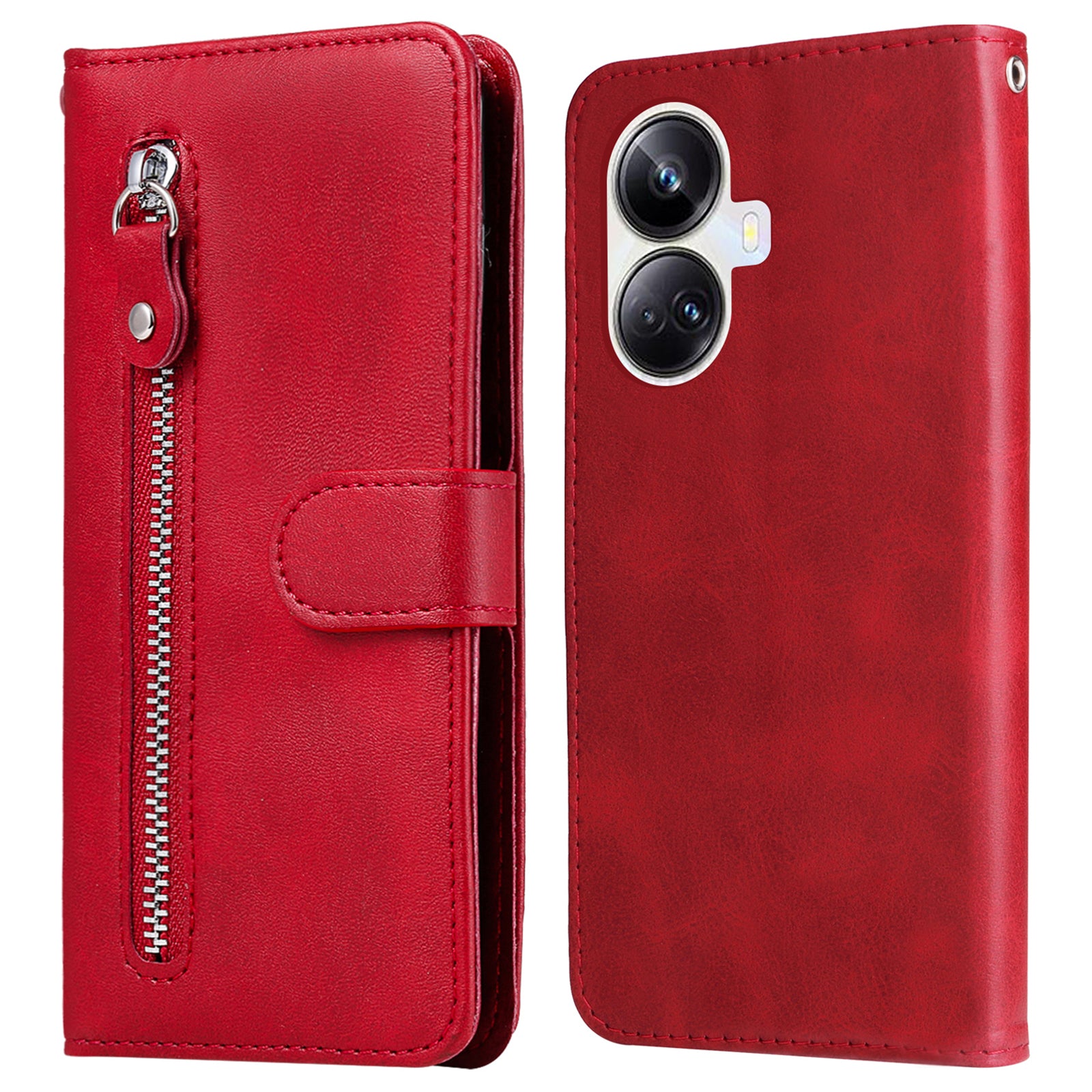 Full Protection Calf Texture Phone Case for Realme 10 Pro+ 5G, PU Leather Zipper Pocket Flip Wallet Cover with Viewing Stand