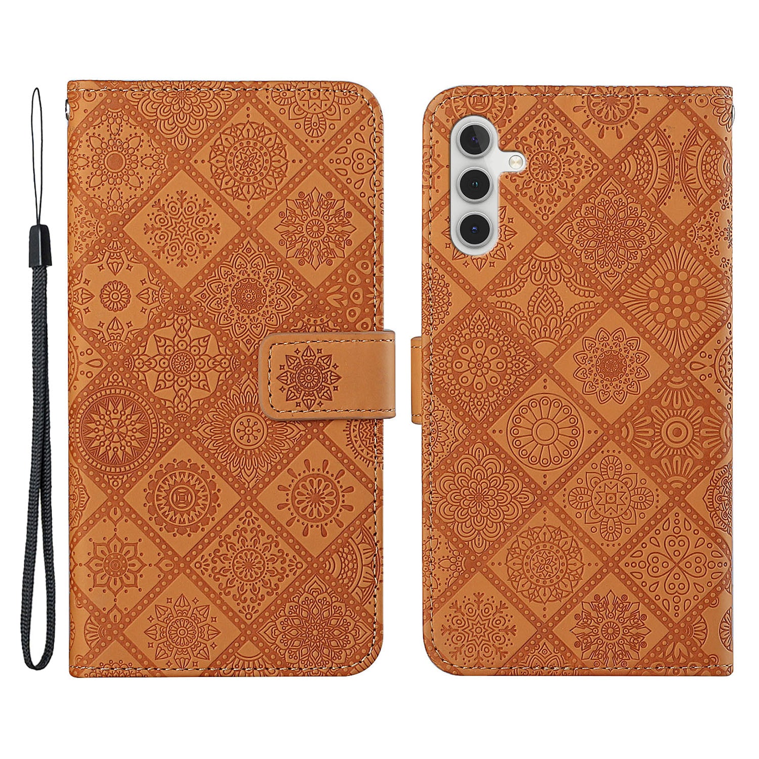 For Samsung Galaxy A34 5G Ethnic Style Flower Imprinted PU Leather Magnetic Flip Phone Case Stand Wallet Protective Phone Cover with Strap