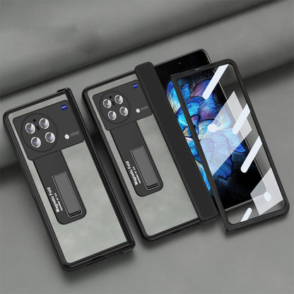 Nappa Texture Phone Case For vivo X Fold, Hinge Protection Kickstand Anti-scratch PU Leather + PC Phone Cover with Tempered Glass Film