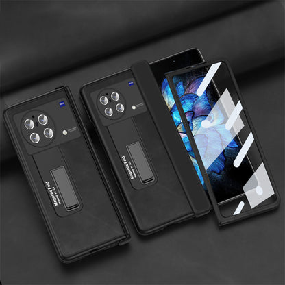 Nappa Texture Phone Case For vivo X Fold, Hinge Protection Kickstand Anti-scratch PU Leather + PC Phone Cover with Tempered Glass Film
