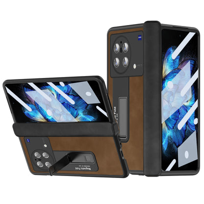 Nappa Texture Phone Case For vivo X Fold, Hinge Protection Kickstand Anti-scratch PU Leather + PC Phone Cover with Tempered Glass Film