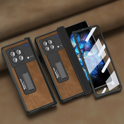 Nappa Texture Phone Case For vivo X Fold, Hinge Protection Kickstand Anti-scratch PU Leather + PC Phone Cover with Tempered Glass Film