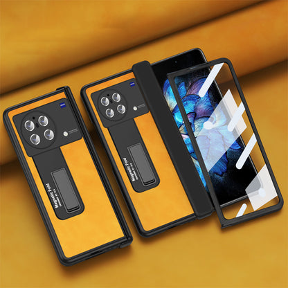 Nappa Texture Phone Case For vivo X Fold, Hinge Protection Kickstand Anti-scratch PU Leather + PC Phone Cover with Tempered Glass Film