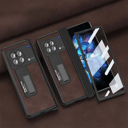 Nappa Texture Phone Case For vivo X Fold, Hinge Protection Kickstand Anti-scratch PU Leather + PC Phone Cover with Tempered Glass Film