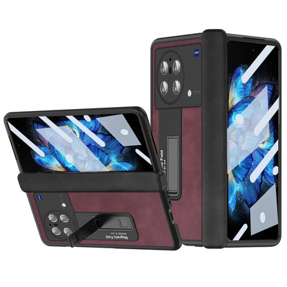 Nappa Texture Phone Case For vivo X Fold, Hinge Protection Kickstand Anti-scratch PU Leather + PC Phone Cover with Tempered Glass Film
