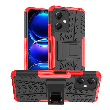 For Xiaomi Redmi Note 12 5G (Global) / (India) / (China) / Poco X5 5G Hard PC+TPU Rugged Tire Pattern Shock-absorbing Phone Case Kickstand Back Cover