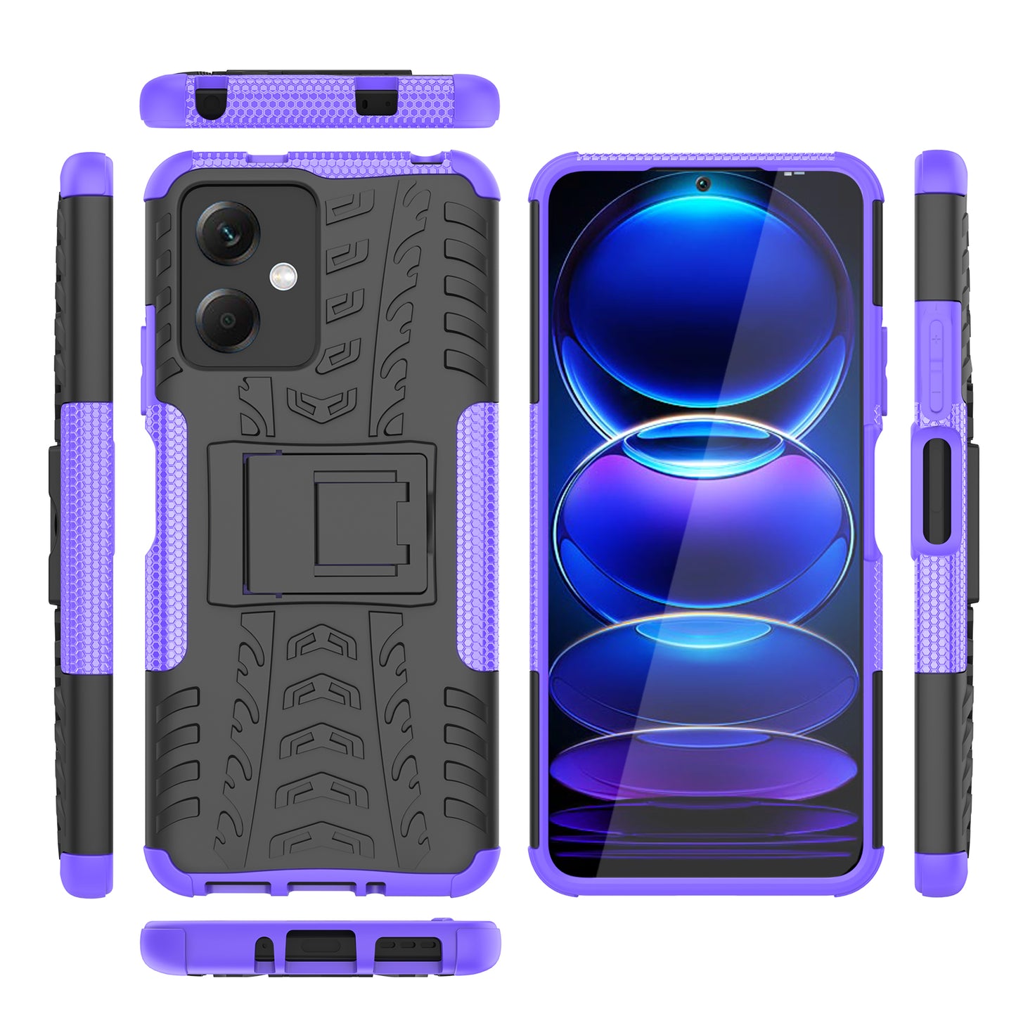 For Xiaomi Redmi Note 12 5G (Global) / (India) / (China) / Poco X5 5G Hard PC+TPU Rugged Tire Pattern Shock-absorbing Phone Case Kickstand Back Cover