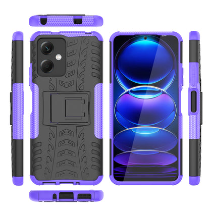 For Xiaomi Redmi Note 12 5G (Global) / (India) / (China) / Poco X5 5G Hard PC+TPU Rugged Tire Pattern Shock-absorbing Phone Case Kickstand Back Cover